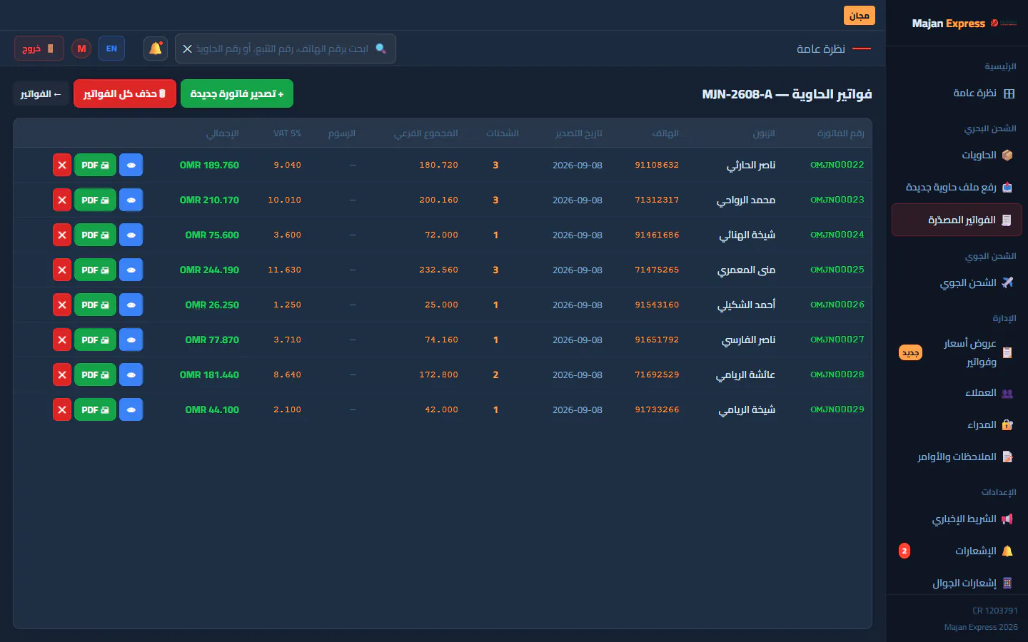 Invoices generated for a whole container